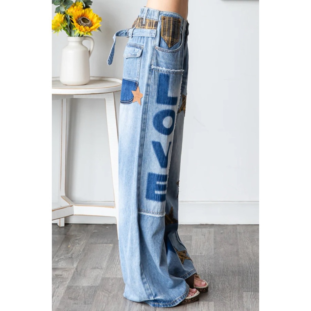 Oli & Hali Washed Star Love Patchwork Jeans with Plaid - Picture 6 of 8